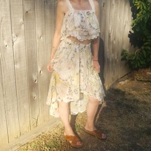 Free People Set Skirt and Top High Low Midi Skirt Cropped Top Tie Back Bohemian
